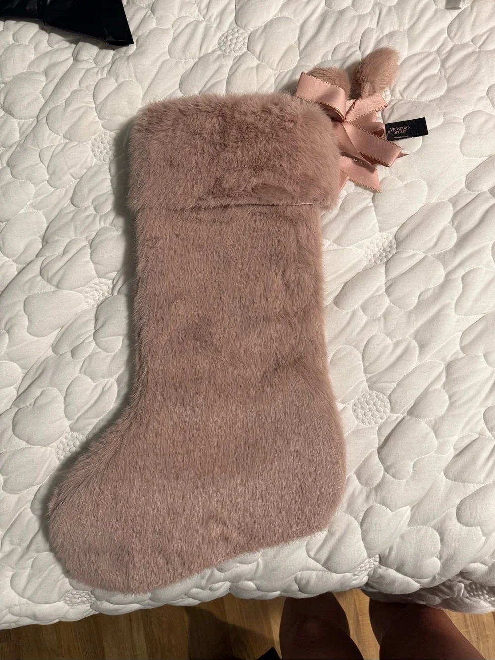 Victoria's Secret Blush Pink Faux Fur Holiday Stocking with Gold Logo